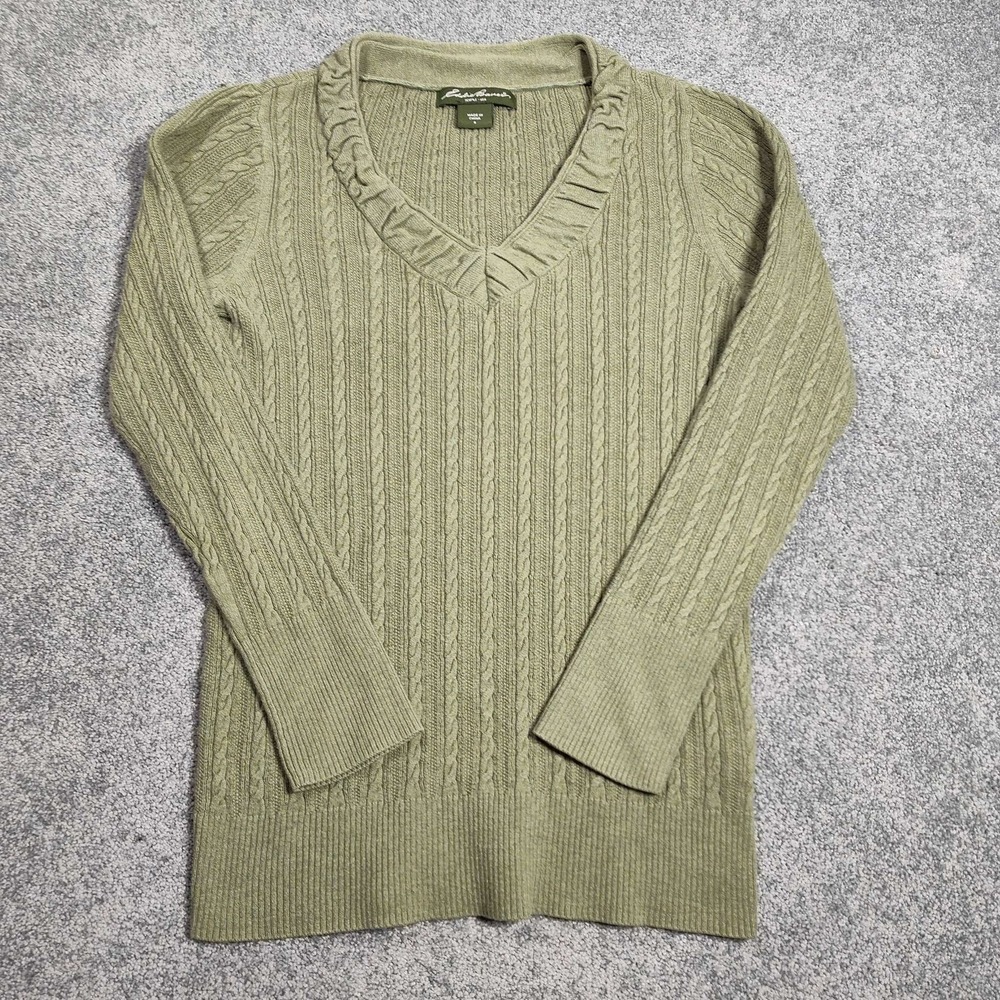 Eddie Bauer Women Olive Green Cable Knit V-Neck Sweater Long Sleeve Size S
